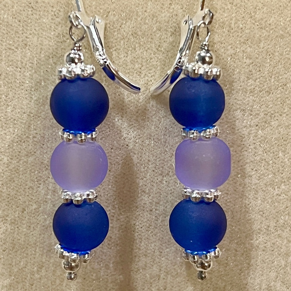 New Pretty Matte Cobalt Blue & Soft Lavender  Bead Silver Earrings